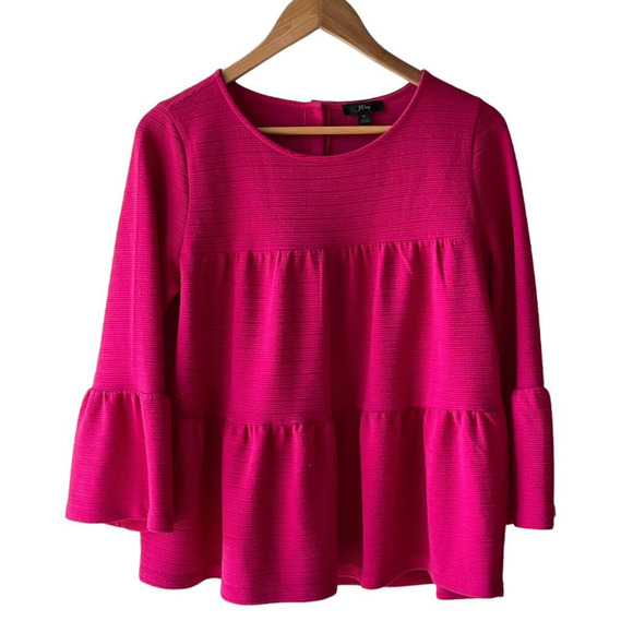 J. Crew Size M Bright Pink Textured, Tiered, Button Back, Bell Sleeve Top - Picture 1 of 6